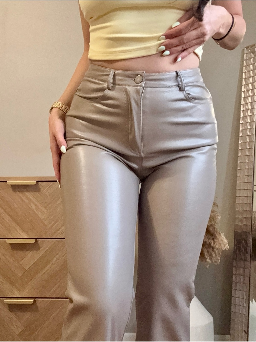 High-Rise Faux Leather Pants in Light Taupe